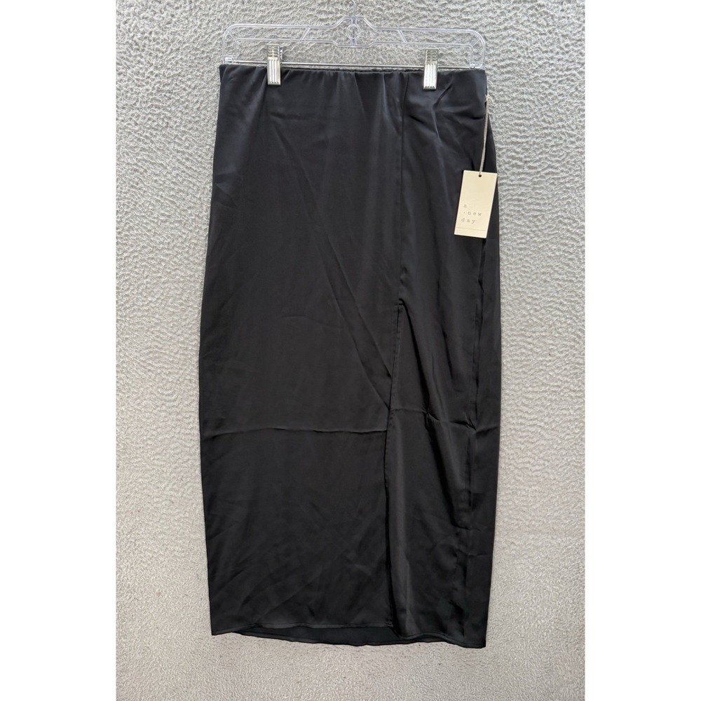 A New Day Skirt Womens Small Black Satin Straight Midi Side Slit Lightweight NEW